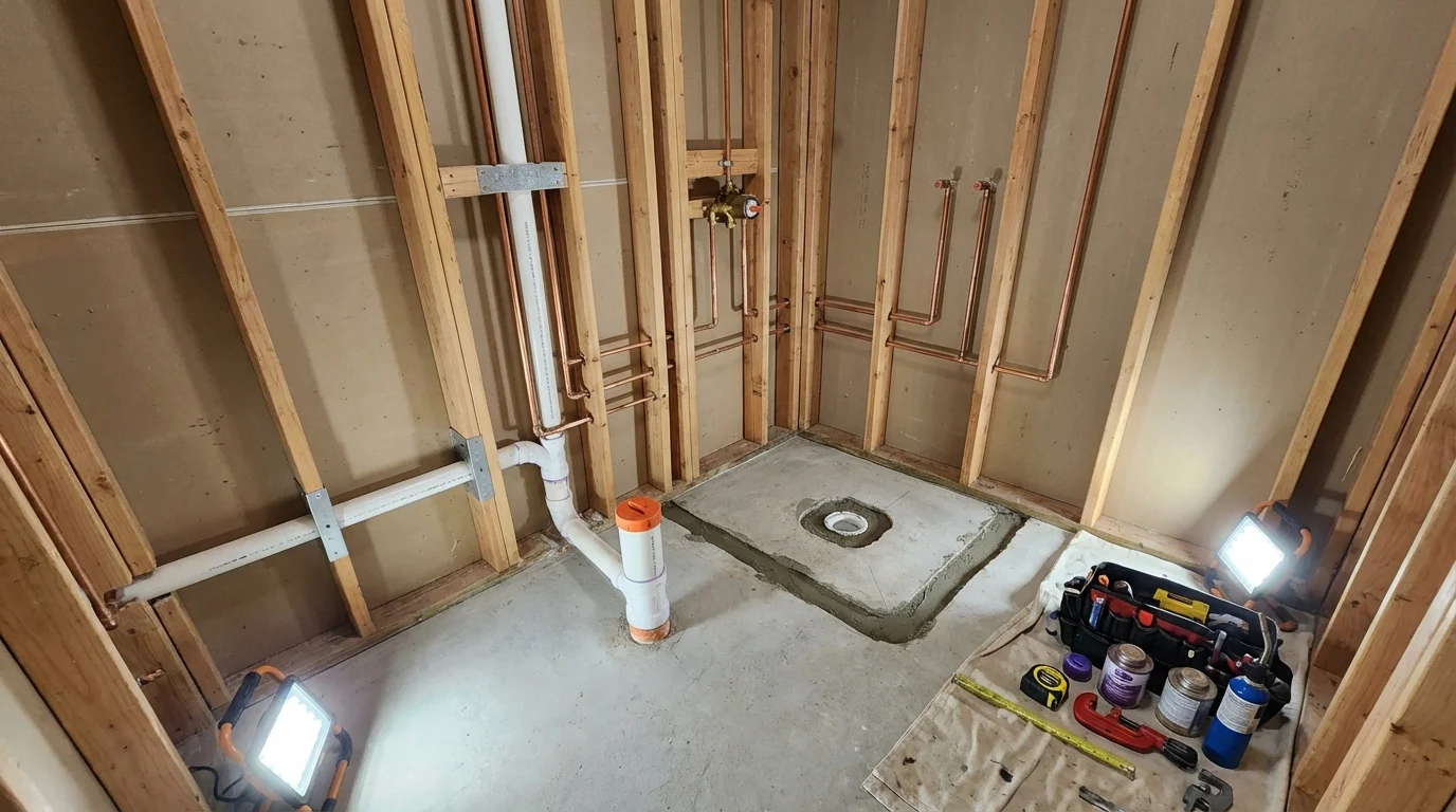 Bathroom rough-in plumbing during remodel by Johns Plumbing LLC in Kotzebue