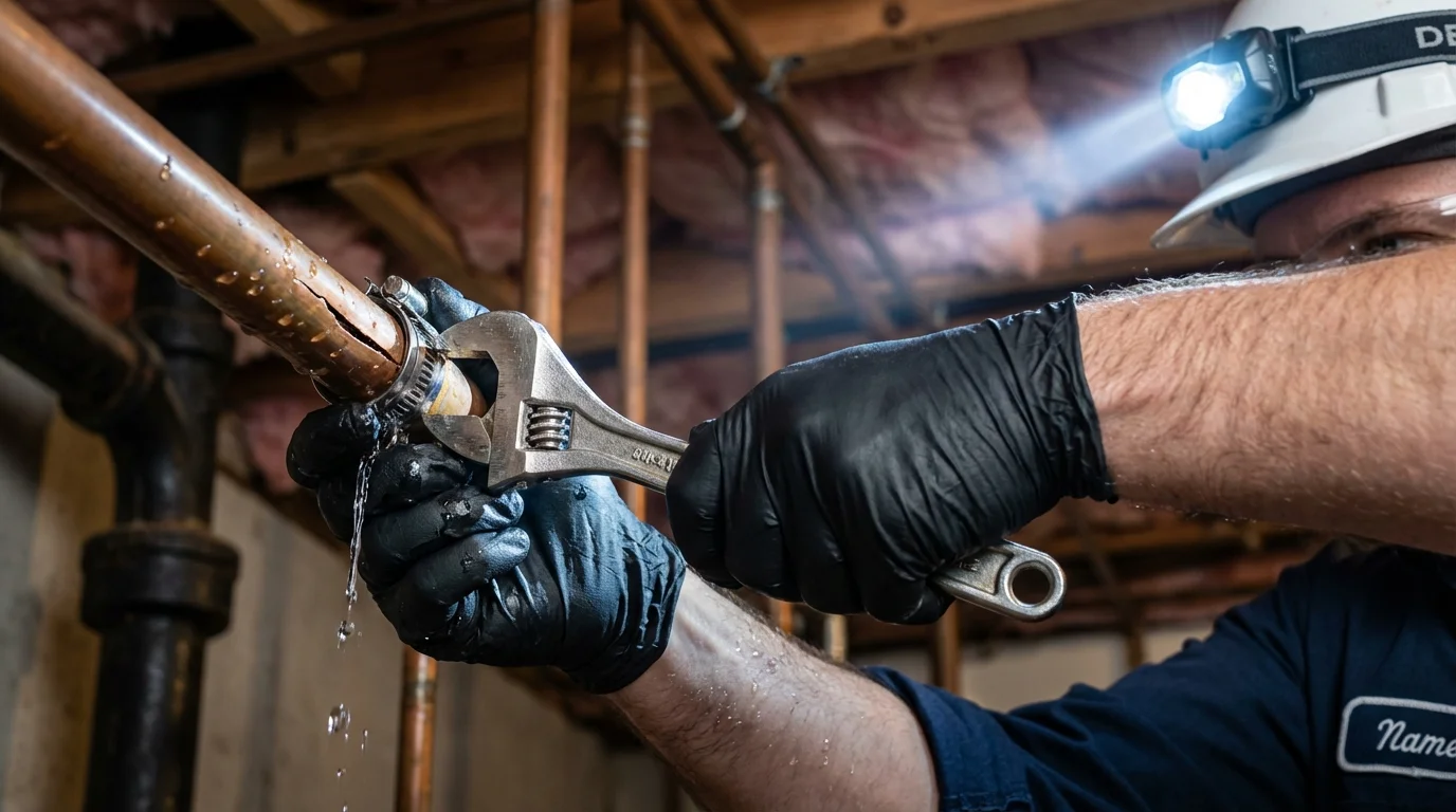 Emergency pipe clamp repair being performed by a Johns Plumbing LLC plumber in Kotzebue