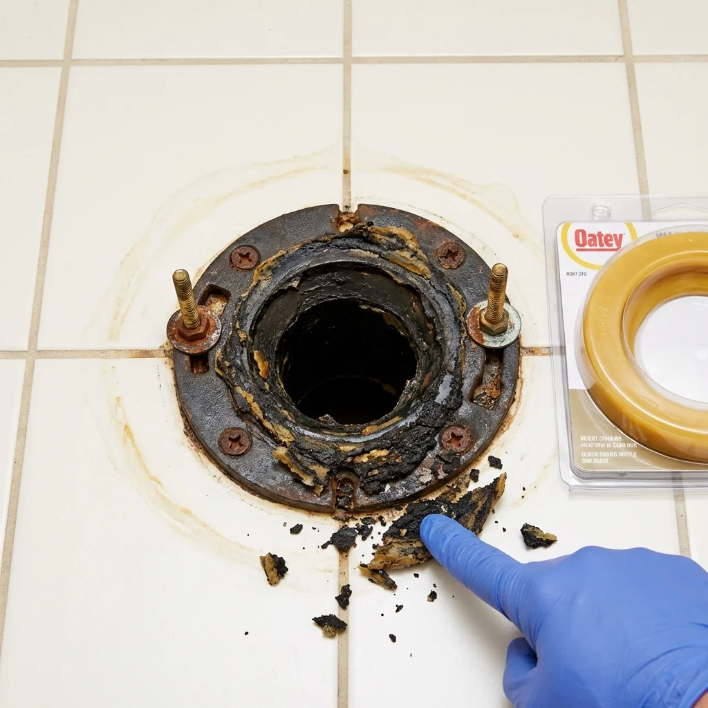 Failed wax ring showing water seepage at the base of a toilet in a Kotzebue, AK home