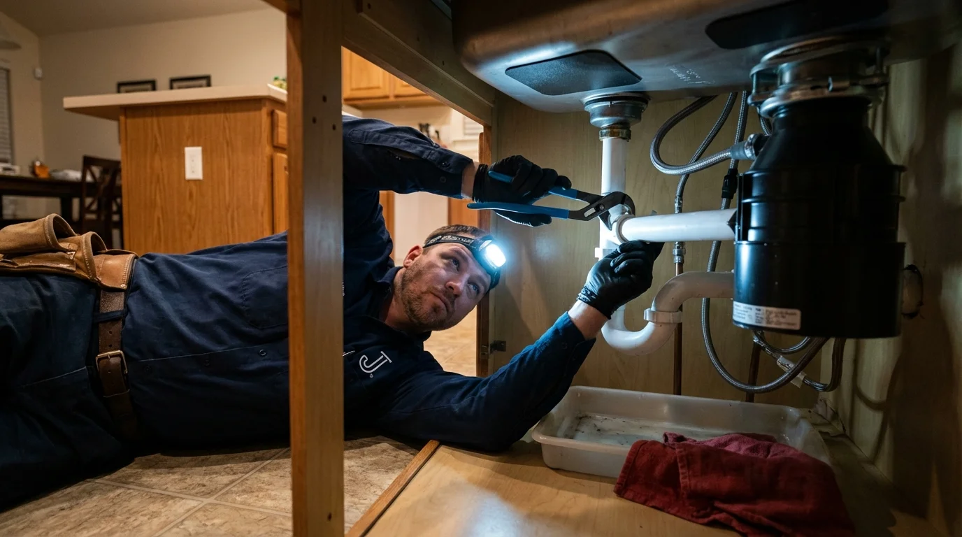 P-trap and supply line connections under a kitchen sink showing a common leak point in Kotzebue, AK